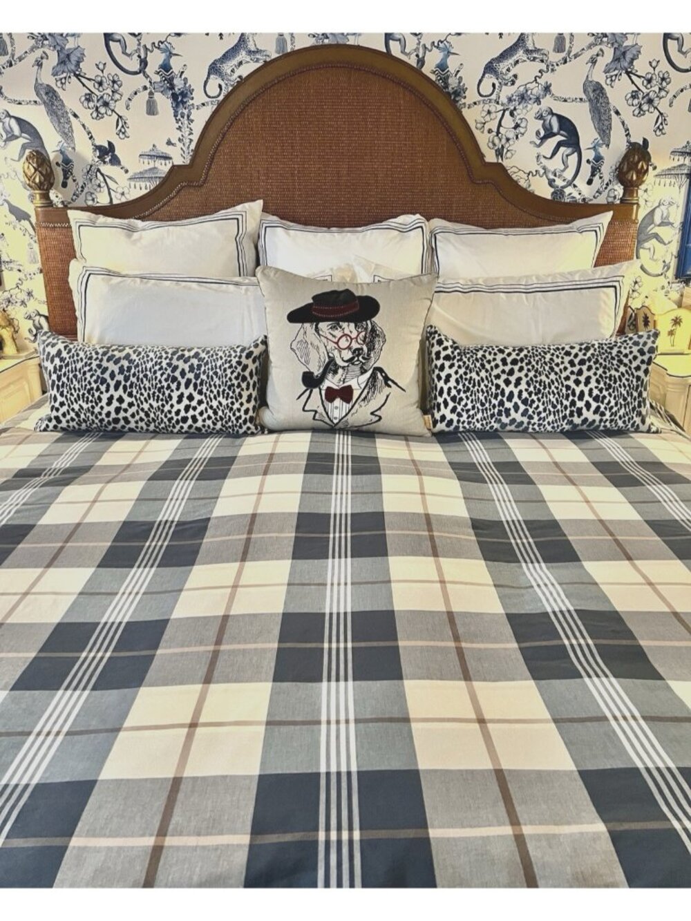 Plaid Duvet Cover Full/Queen BLUE Tan Cream 83"W x 79"L Cotton Blend Button NICE